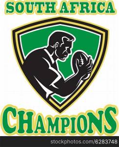 illustration of a rugby player with ball set inside shield done in retro style with words South Africa Champions. Rugby player South Africa Champions shield