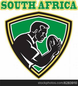 illustration of a rugby player with ball set inside shield done in retro style with words South Africa. Rugby player South Africa shield