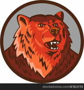 Illustration of a Russian bear or Eurasian brown bear head growling viewed from front set inside circle done in retro style. . Russian Bear Head Growling Circle Retro