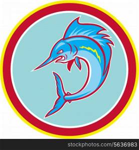 Illustration of a sailfish fish jumping set inside circle on isolated background done in cartoon style.. Sailfish Fish Jumping Circle Cartoon