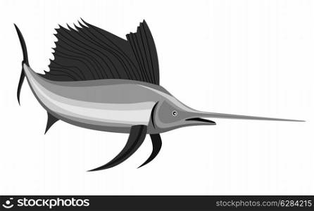Illustration of a sailfish fish jumping with fishing boat in background done in retro style.