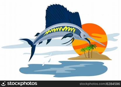 Illustration of a sailfish fish jumping with island and sun in background done in retro style.