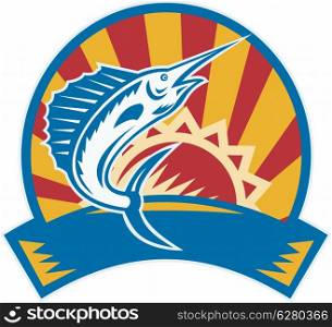 Illustration of a sailfish game fish jumping with sunburst and scroll in background done in retro woodcut style.