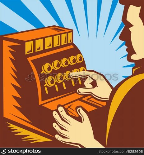 illustration of a sales clerk or cashier with cash register till. sales clerk or cashier with cash register till