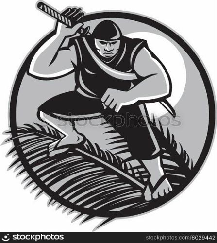 Illustration of a Samoan Ninja with samurai sword standing on top of coconut frond wearing slippers with full moon in background set inside circle done in retro style. . Samoan Ninja on top of Coconut Front Circle
