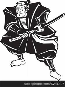 illustration of a Samurai warrior about to draw katana sword in fighting stance on isolated white background done in retro style. Samurai warrior with katana sword fighting stance