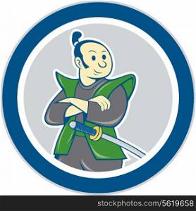 Illustration of a Samurai warrior arms folded with katana sword looking to the side set inside circle on isolated background done in cartoon style. . Samurai Warrior Arms Folded Circle Cartoon
