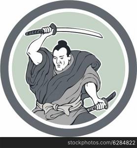 Illustration of a samurai warrior wielding katana sword in fighting stance viewed from front done in retro style set inside circle on isolated background.. Samurai Warrior Wielding Katana Sword Circle