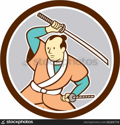 Illustration of a Samurai warrior wielding katana sword looking to the side set inside circle on isolated background done in cartoon style. . Samurai Warrior Katana Sword Circle Cartoon