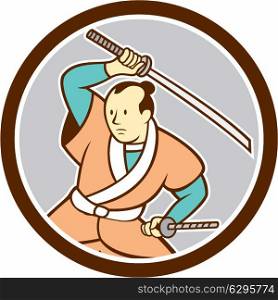 Illustration of a Samurai warrior wielding katana sword looking to the side set inside circle on isolated background done in cartoon style. . Samurai Warrior Katana Sword Circle Cartoon