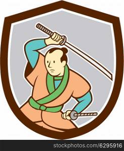 Illustration of a Samurai warrior wielding katana sword looking to the side set inside shield crest on isolated background done in cartoon style. . Samurai Warrior Katana Sword Shield Cartoon