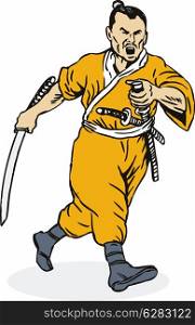 Illustration of a Samurai warrior with katana sword grabbing other swords and running.