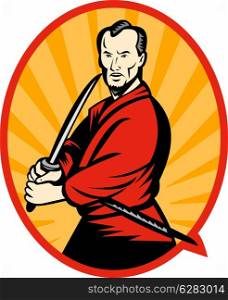 illustration of a Samurai warrior with katana sword pointing to side set inside an oval.. Samurai warrior with katana sword
