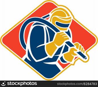 Illustration of a sandblaster worker holding sandblasting hose wearing helmet visor set inside diamond shape done in retro style.. Sandblaster Sandblasting Hose Retro