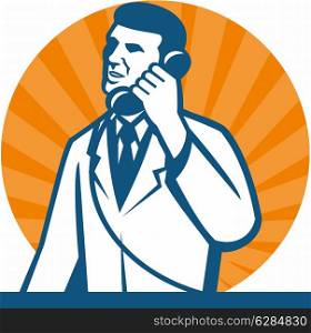 Illustration of a scientist researcher lab technician wearing white coat talking on telephone done in retro style.&#xA;