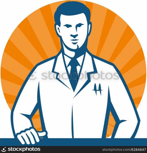 Illustration of a scientist researcher lab technician wearing white coat with hand on counter facing front done in retro style.&#xA;