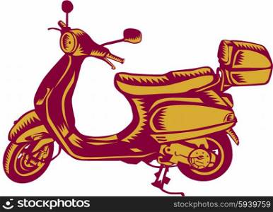 Illustration of a scooter bike vintage style viewed from the side set on isolated white background done in retro woodcut style. . Scooter Bike Side Vintage Woodcut