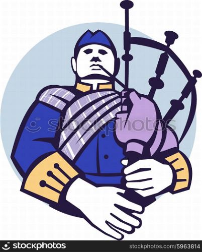 Illustration of a scotsman bagpiper player playing bagpipes viewed from front set inside circle on isolated background done in retro style. . Scotsman Bagpiper Player Circle Retro