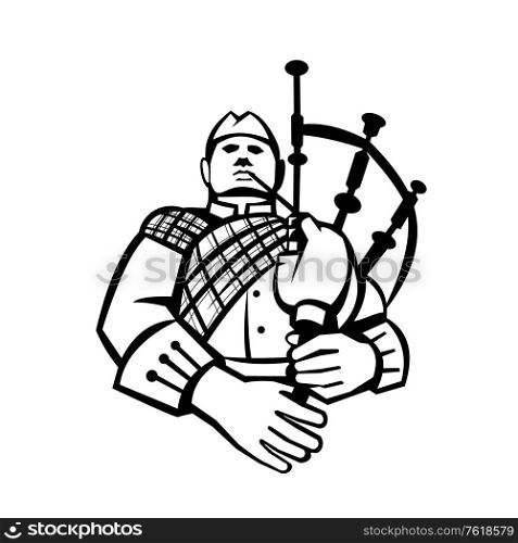Illustration of a scotsman bagpiper player playing bagpipes viewed from front set inside circle on isolated background done in retro black and white style. . Scotsman Bagpiper Player Playing Bagpipes Front View Retro Black and White