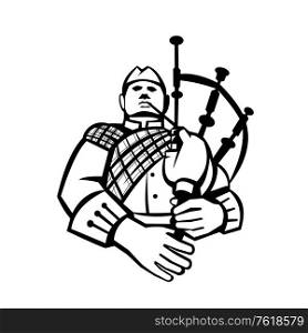 Illustration of a scotsman bagpiper player playing bagpipes viewed from front set inside circle on isolated background done in retro black and white style. . Scotsman Bagpiper Player Playing Bagpipes Front View Retro Black and White