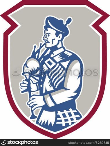 Illustration of a scotsman bagpiper playing bagpipes viewed from side set inside shield crest on isolated background done in retro woodcut style.. Scotsman Bagpiper Playing Bagpipes Shield