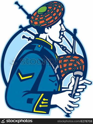 Illustration of a scotsman bagpiper playing bagpipes viewed from side set inside circle.. Bagpiper Bagpipes Scotsman Retro