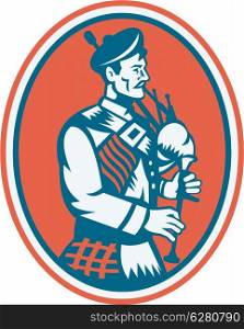 Illustration of a scotsman scottish playing the bagpipes viewed from side set inside oval done in retro style.