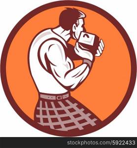 Illustration of a scotsman wearing kilt holding weight throwing viewed from rear set inside circle on isolated background done in retro style. . Scotsman Weight Throw Circle Retro
