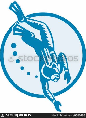 Illustration of a scuba diver diving swimming underwater set inside circle done in retro woodcut style.