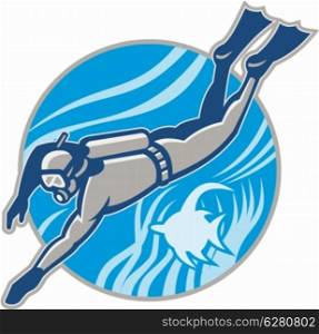 Illustration of a scuba diver diving swimming underwater with angle fish set inside circle done in retro style.. Scuba Diver Diving Retro