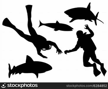 Illustration of a scuba divers and sharks silhouette swimming isolated on white background done in retro style.