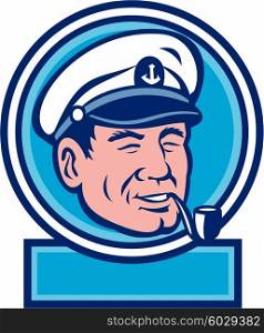 Illustration of a sea captain, shipmaster, skipper, mariner wearing hat cap smoking smoke pipe set inside circle done in retro style.
