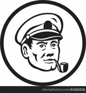 Illustration of a sea captain, shipmaster, skipper, mariner wearing hat cap smoking smoke pipe set inside circle in black and white done in retro style.