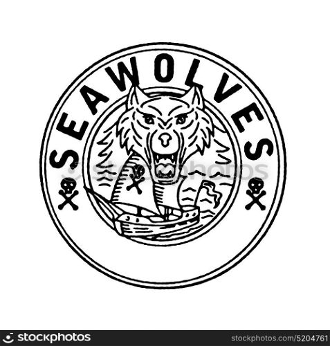 "Illustration of a Sea Wolf head with Pirate Sailing Ship in background set inside Circle with words "SeaWolves" done in Line Drawing style.. Sea Wolf Pirate Sailing Ship Circle Line Drawing"