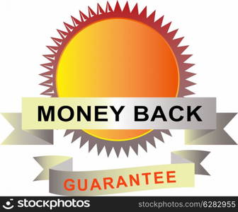 Illustration of a seal with scrolls on white background with words money back guarantee.