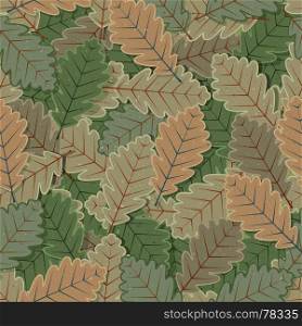 Illustration of a seamless background with winter green leaves for nature wallpaper with grunge texture. Seamless Oak Tree Leaves Background
