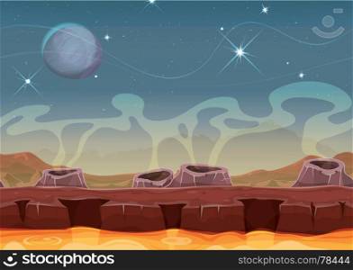 Illustration of a seamless cartoon funny sci-fi alien planet landscape background, with layers for parallax and volcano crater, magma river and stars for ui game. Fantasy Alien Planet Desert Landscape For Ui Game