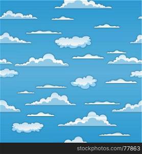 Illustration of a seamless spring or summer cartoon cloudscape on a blue sky background for abstract wallpaper. Seamless Clouds Background