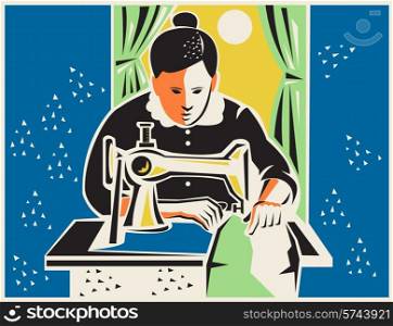 Illustration of a seamstress dressmaker tailor sewing with vintage machine done in retro woodcut style.. Seamstress Dressmaker Tailor Vintage
