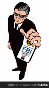 Illustration of a secret service agent body guard standing showing identification id card.