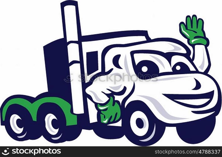 Illustration of a semi truck rig waving set on isolated white background done in cartoon style. . Semi Truck Rig Waving Cartoon