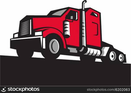 Illustration of a semi truck tractor set on isolated white background viewed from low angle done in retro style. . Semi Truck Tractor Low Angle Retro