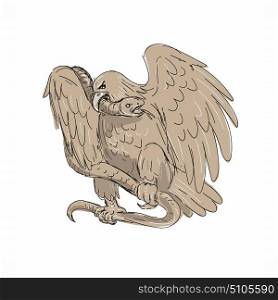 Illustration of a serpent in the clutches of an eagle with it&rsquo;s beak on snake&rsquo;s head done in drawing sketch style.. Serpent in Clutches of Eagle Drawing