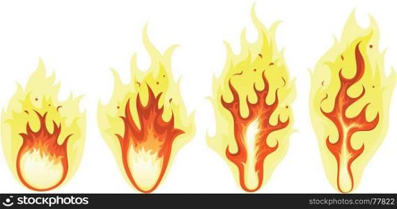 Illustration of a set of abstract cartoon blaze fire symbols elements and burning shapes of flames. Cartoon Fire And Burning Flames Set