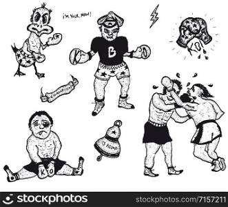Illustration of a set of boxing sport including fight symbols, humour, gloves and banners. Boxe Drawings Set