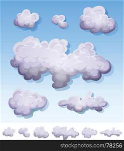 Illustration of a set of cartoon clouds, smoke patterns and fog icons on blue sky and isolated on white background. Cartoon Smoke, Fog And Clouds Set