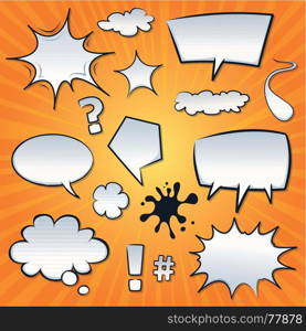 Illustration of a set of cartoon comic speech bubbles and design elements, question marks, clouds and splashes. Comic Speech Bubbles And Splashes Set