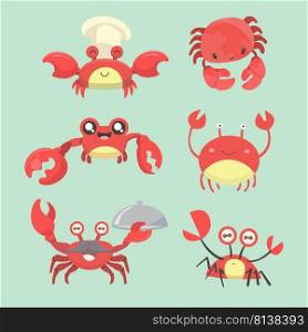 Illustration of a set of cartoon crab characters. 