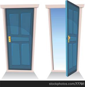 Illustration of a set of cartoon front doors opened and closed with sky background, symbolizing death frontier, paradise or heaven's gate. Doors, Closed And Open