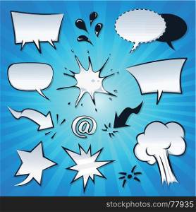 Illustration of a set of cartoon pop comic speech bubbles, explosion, splashes, spray and design elements. Speech Bubbles, Explosion And Splashes Set